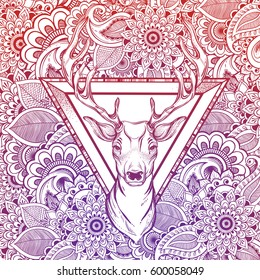 Hand drawn romatic tattoo style decorative deer. Boho style vector illustration. Zentangle meditation floral background. Tattoo, travel, adventure, meditation symbol.