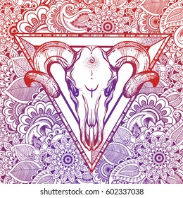 Hand drawn romatic tattoo style decorative buffalo skull. Boho style vector illustration. Zentangle meditation floral background. Tattoo, travel, adventure, meditation symbol.