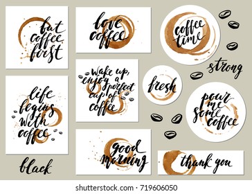 Hand drawn rond, square, rectangle coffee labels. Ink lettering with coffee cup prints and stains. Love coffee, good morning, thank you, coffee time.