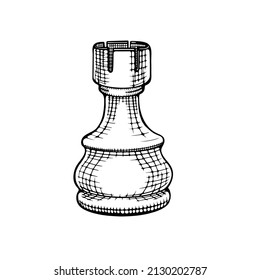 Hand drawn rook. Vintage chess piece isolated on white background. Vector illustration.