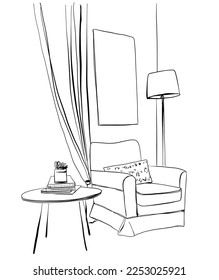 Hand drawn room interior. Reading place sketch. Chair and plaid.