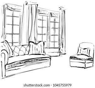 Hand drawn room interior sketch. Chair, sofa and window