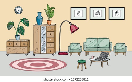 Hand drawn room interior sketch. Vector illustration