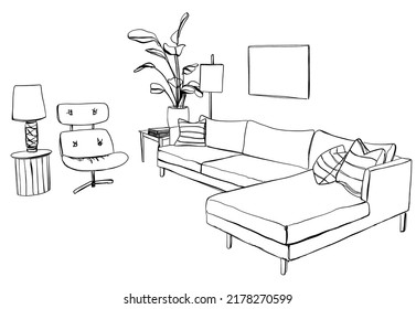 Hand drawn room interior sketch. Chair, sofa and other furniture