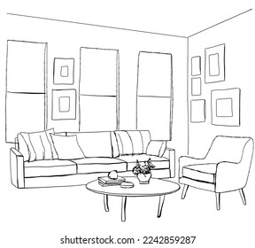 Hand drawn room interior sketch. Furniture sketch. Living room