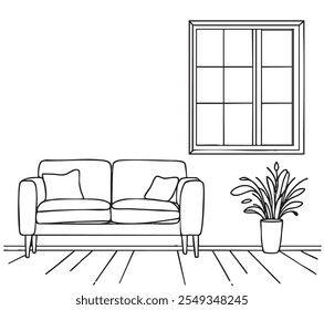 Hand drawn room interior sketch. Sofa and window