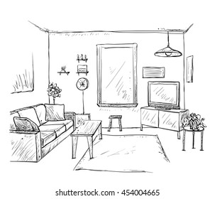 Hand Drawn Room Interior Sketch. Furniture Sketch
