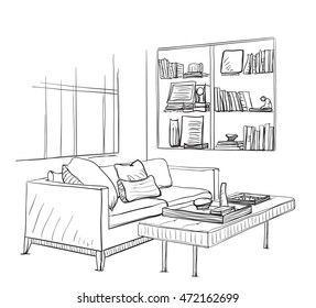 Hand drawn room interior sketch. Sofa, table and bookshelves