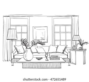 Hand drawn room interior sketch. Chair, table flowerpot