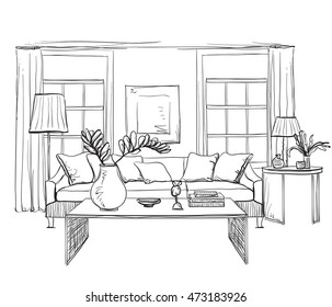Hand drawn room interior sketch. Chair, table flowerpot