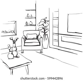 Hand drawn room interior sketch. Chair and window