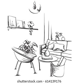 Hand drawn room interior sketch. Chair, sofa and other furniture