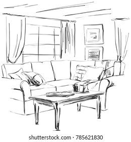 Hand drawn room interior sketch. Sofa, table, window and other furniture