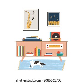 Hand drawn room in a modern flat style - small cabinet, posters, vinyl player, carpet and cat on it. Cozy interior cartoon design