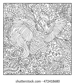 Hand drawn rooster against zen floral pattern background for adult coloring book. Chinese new year astrological sign, horoscope and zodiac vector symbol, graphic illustration, vintage engraved style