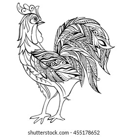 Hand drawn rooster for the anti stress coloring page.