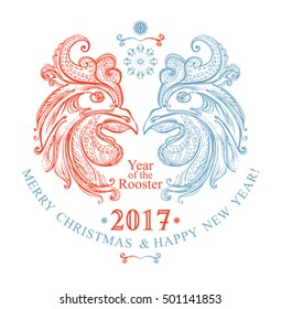 Hand drawn Rooster. Beautiful New Year festive template with two cock heads.