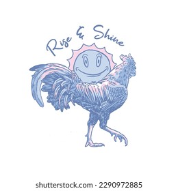 HAND DRAWN ROOSTER CHICKEN BIRD ANIMAL FARM SUN MORNING POULTRY PAINTED BRUSH STROKE DISTRESSED VINTAGE TSHIRT TEE PRINT FOR APPAREL MERCHANDISE