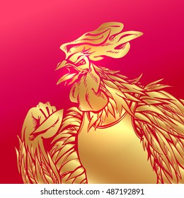 Hand drawn  rooster in comic style, gold over red background. Vector isolated illustration. Symbol new 2017 year.Character for your design; Chinese horoscope, sports fan, yelling trainer, alarm clock.