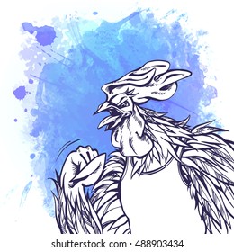 Hand drawn  rooster in comic style over blue splash. Vector isolated illustration. Symbol new 2017 year. Character for your design; Chinese horoscope, sports fan, yelling trainer, alarm clock.