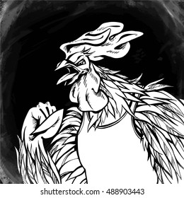 Hand drawn  rooster in comic style over chalkboard. Vector isolated illustration. Symbol new 2017 year. Character for your design; Chinese horoscope, sports fan, yelling trainer, alarm clock.