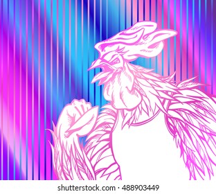 Hand drawn  rooster in comic style. Vector isolated illustration with glitch effect. Symbol new 2017 year. Character for your design; Chinese horoscope, sports fan, yelling trainer, alarm clock.