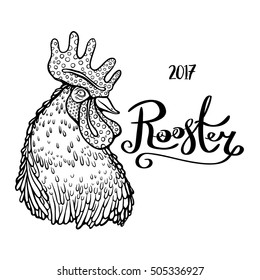 Hand drawn rooster head isolated with inscription on white background.