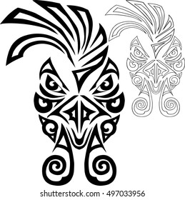 Hand drawn rooster head stylized Maori face tattoo. Vector
