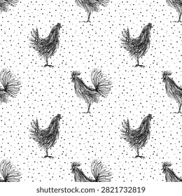 Hand Drawn Rooster and Hen Seamless Pattern, Sketch Farm Birds Vector Background with Dots