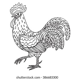 Hand drawn rooster isolated on white. Black and white contoured illustration for coloring.