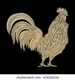 Hand drawn rooster in line art style on black. Vector illustration. Symbol of chinese new year.
