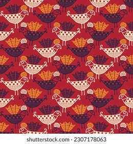 Hand drawn rooster seamless vector pattern