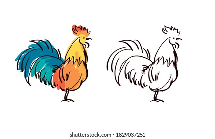 Hand drawn rooster sketch for logo, sign, card, header, invitation, poster, social media, post publication. vector poster with chicken.   
