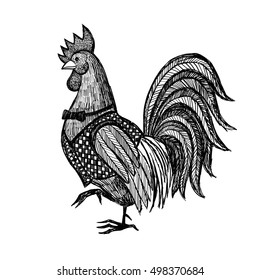 Hand drawn Rooster in sketch style isolated on white background. Vector illustration. Farm animal