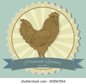 Hand drawn rooster with vintage badge. Vector