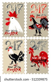 Hand drawn Roosters 2017. Set of vector themed stamps. New Year on the Chinese calendar. Speckled doodle cocks.