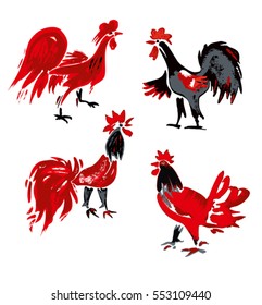 Hand drawn Roosters 2017. Set of vector bird. Speckled doodle cocks.