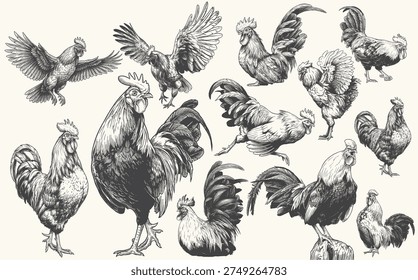 Hand drawn roosters illustrated in various poses using detailed vintage engraving line art. The artwork captures dynamic rooster movements suitable for farm design, rural branding, poultry farming graphics, and livestock illustrations.