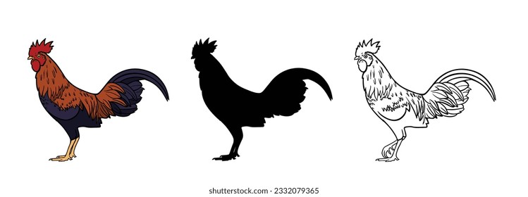 Hand drawn roosters set. Engraved style vector illustration. Template for your design works.
