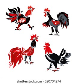 Hand drawn Roosters. Set of vector bird cock. Speckled doodle cocks.