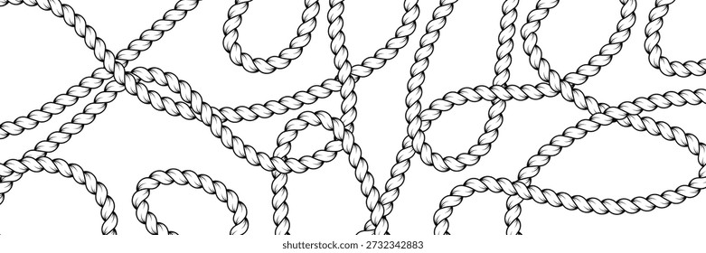 Hand drawn rope brush pattern. Twisted cord shapes with nautical knots and loops
