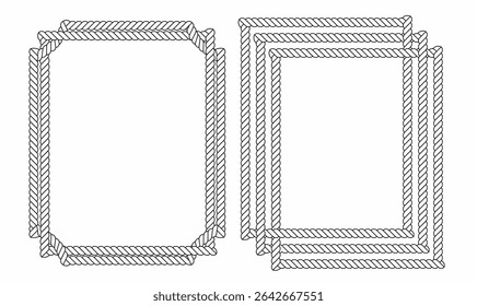 Hand drawn rope frame vector set, rectangular and layered style copy space, nautical vintage border design, perfect for labels, posters, certificates, invitations, or decoration.