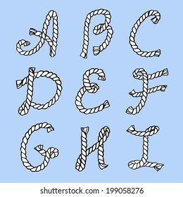 Hand drawn rope lettering. Vector decorative alphabet. Letters A-I