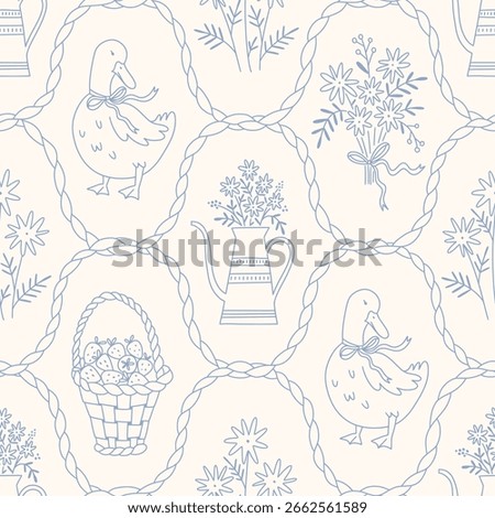 Hand drawn rope seamless damask pattern with a charming whimsical cottage core design. Soft blue, pastel, and nostalgic trellis print. Perfect for textiles and romantic vintage-inspired decor.