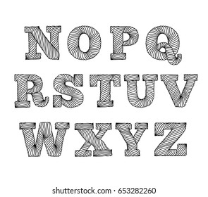 Hand drawn rope style wave line lettering alphabet. Outline hand made font part 2