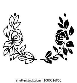 Hand drawn rose branches in black and white. Monochrome floral wreath. Line work and silhouette drawing. 