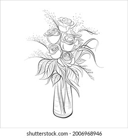 hand drawn rose and cata lily  flower in vase outline