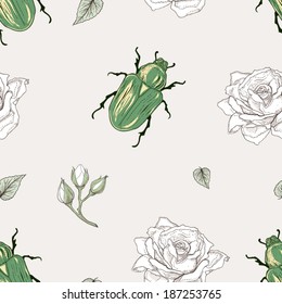 hand drawn rose chafer seamless pattern vintage engraving style