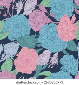 Hand Drawn Rose Floral Line Art Illustration, Vintage Roses Greeting Card