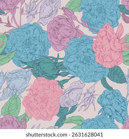 Hand Drawn Rose Floral Line Art Illustration, Vintage Roses Greeting Card